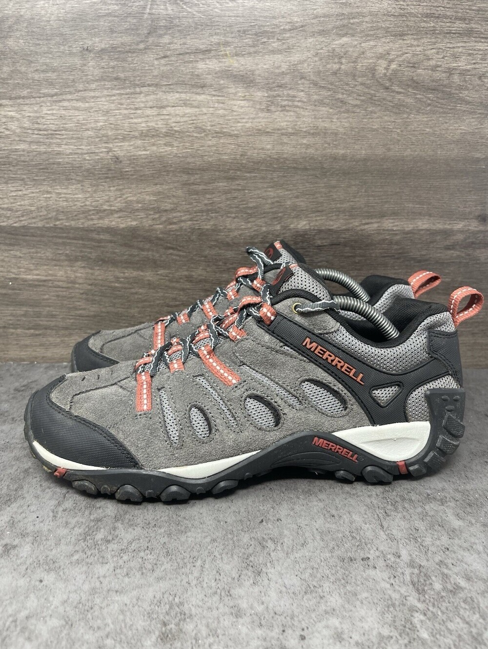 Merrell Size 9.5 Mens Gray Orange Suede Mesh Trail Hiking Walking Shoes